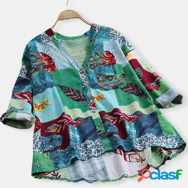 Vintage Print Patchwork Decote em V Plus Tamanho Camisa