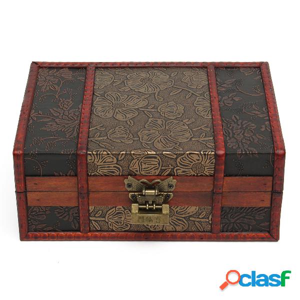 Vintage Red Box Retro Flower Carved Wooden Jewelry Presente