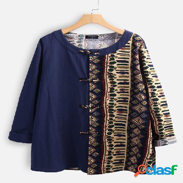 Vintage Side Print Frog Button Blusa de gola de manga