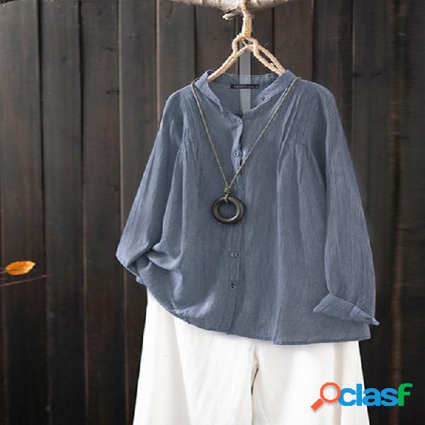 Vintage Solid Color manga comprida Plus Tamanho Camisa para