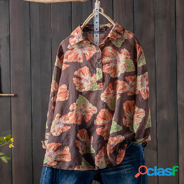 Vintage impresso lapela manga longa Plus tamanho Camisa para