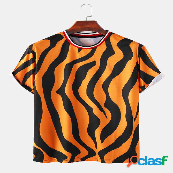 Zebra Mens Print respirável e fino Loose O-Neck Camisetas