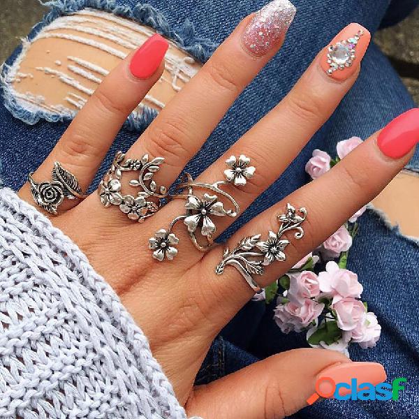 4 Pcs Anel Vintage Bopemio De Flor De Prata Para