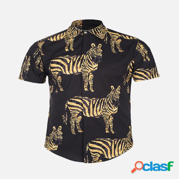 Animal dos homens impresso Turn Down Collar manga curta Slim