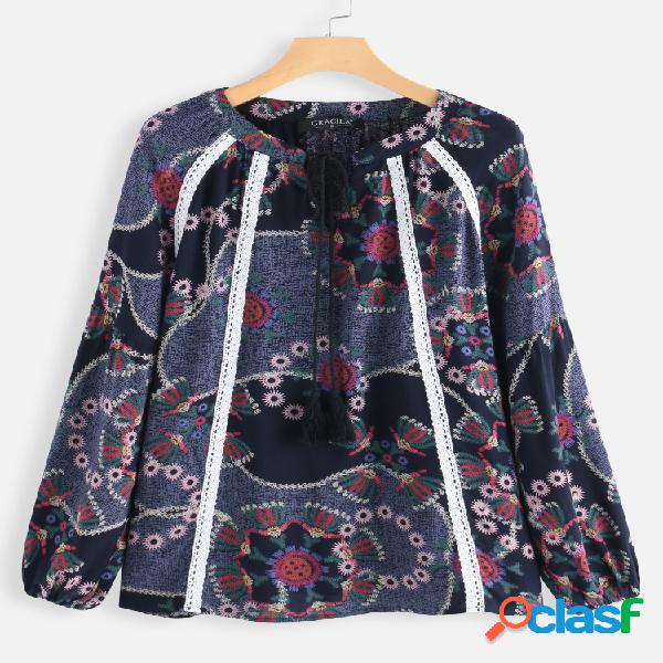Bandage Ethnic Print Blusa de manga comprida Vintage Para