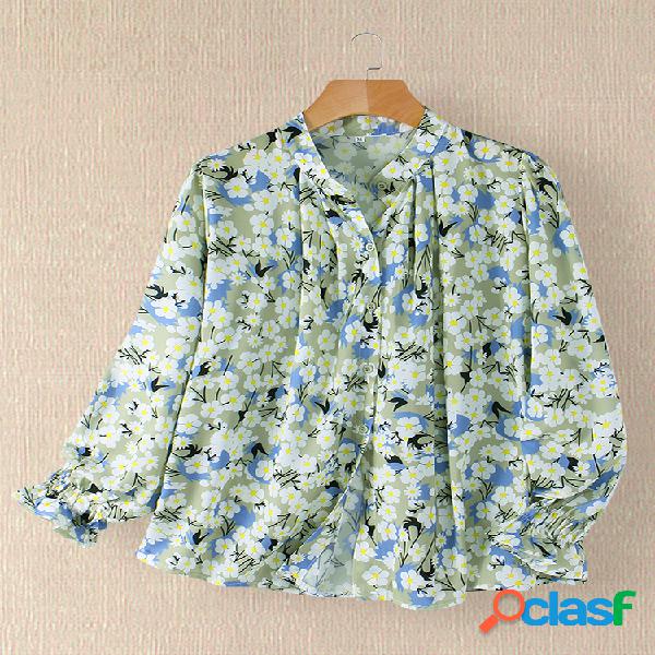 Blusa de manga elástica floral impressa gola para mulheres