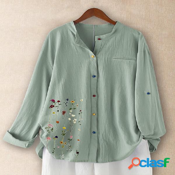 Blusa de mangas compridas flor impressa gola para mulheres