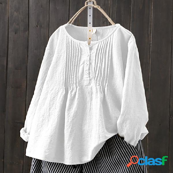 Blusa de tamanho Plus de manga comprida plissada de cor