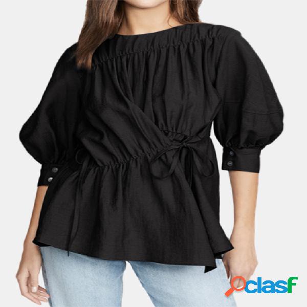 Blusa irregular de mangas de cor sólida com cordões