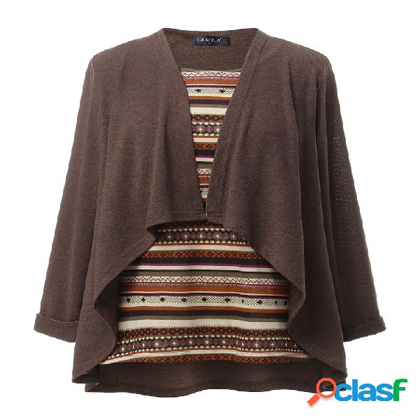 Blusa listrada étnica de impressão de manga comprida de