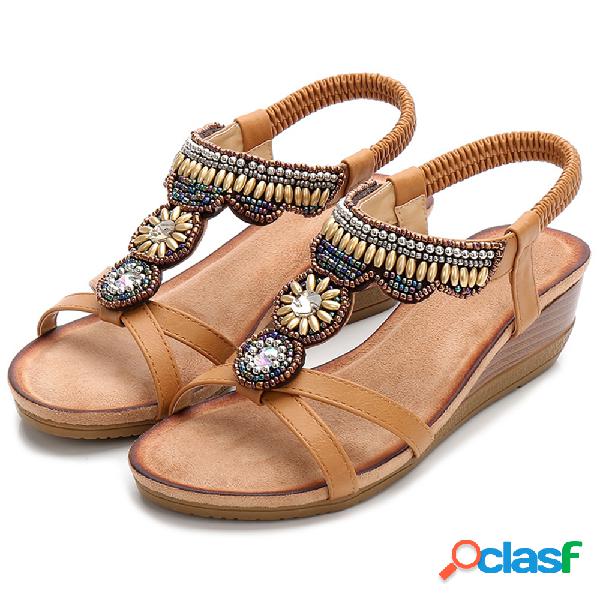 Boemia Strass Frisado Praia Cunhas Sandálias Comfy