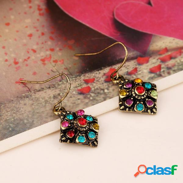 Bohemian Colorful Diamante Orelha Gota Quadrada Liga Strass