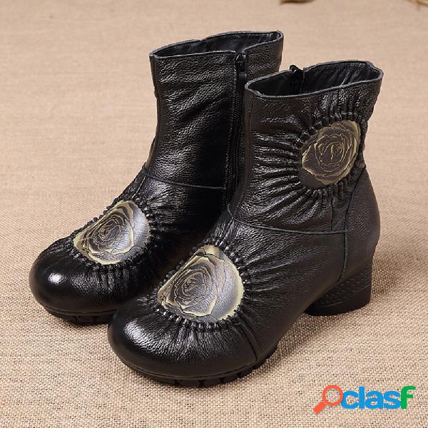 Botas de zíper de salto de flor morna de couro de vaca de