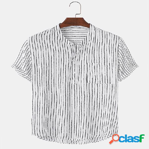 Camisas de Henley de manga curta casual com gola listrada