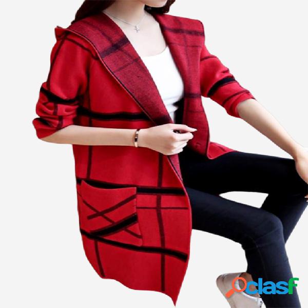 Camisola de malha com capuz tricotado listrado