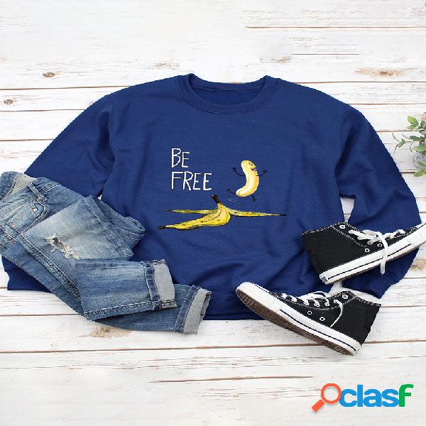 Cartoon Banana Print manga comprida Casual Crewneck