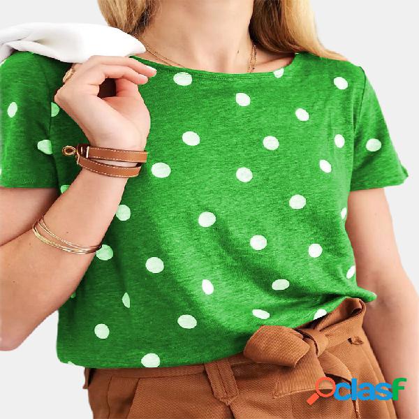 Casual Polka Dot O-Neck T-shirt de manga curta para mulheres