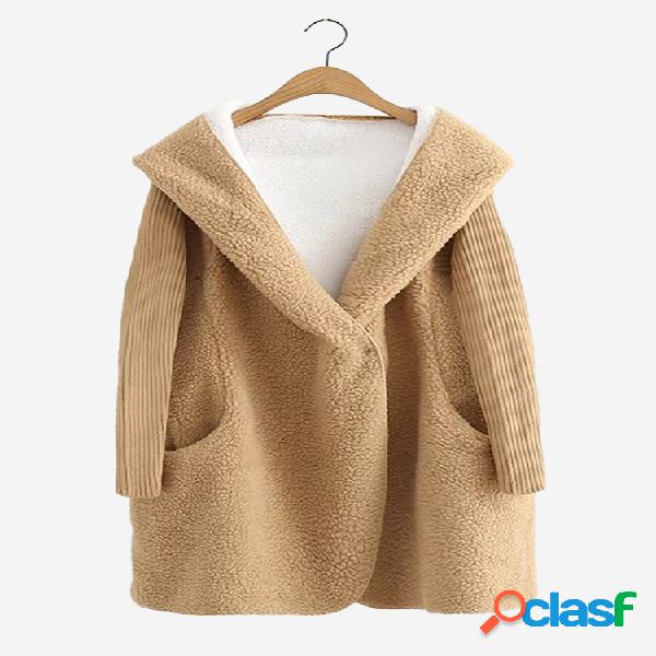 Casual Pure Color Hooded Patchwork de manga comprida Casacos