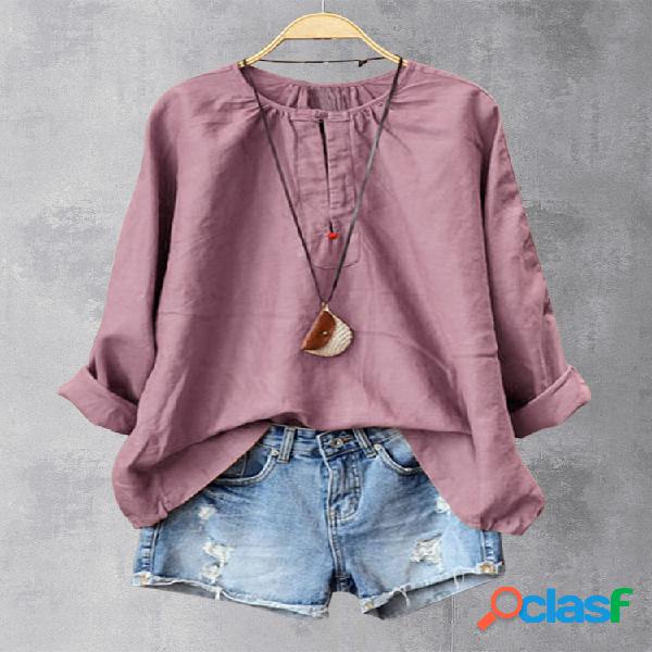 Casual cor sólida rã botão gola Plus tamanho Camisa