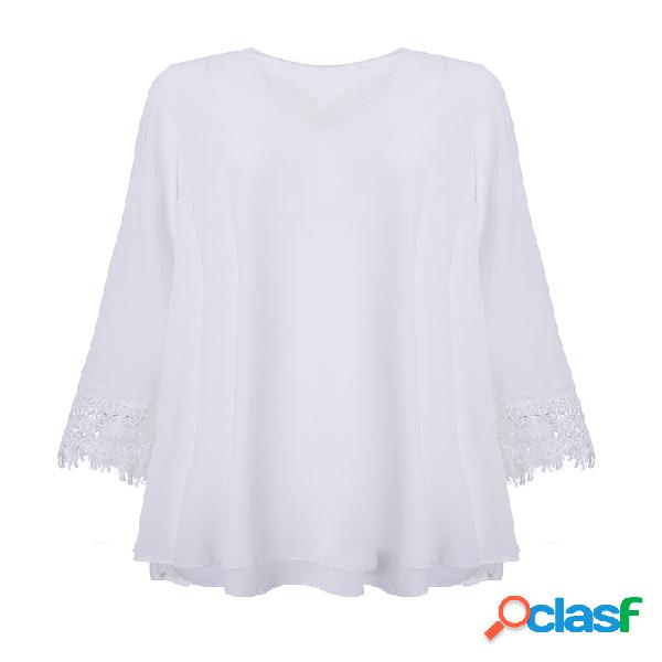 Chiffon casual Crochet Solid Color V-Neck blusa de manga