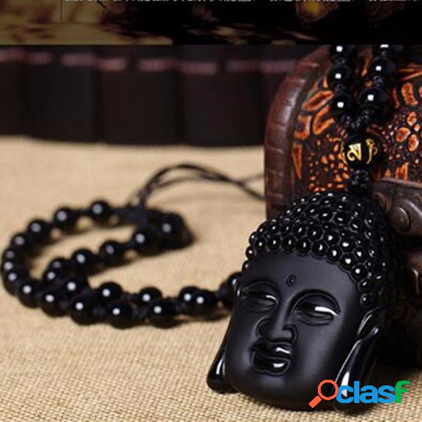 Colar do Tathagata Pingente de Buda Obsidiana Preta Natural