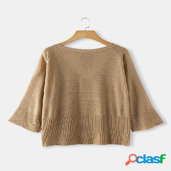 Cor sólida manga trompete camisola com cordão para as
