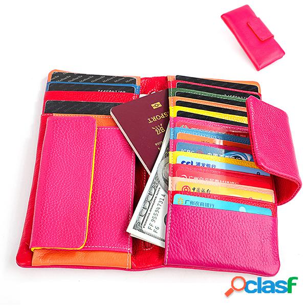 Couro Genuíno 15 Card Slots Cartão Titular Phone Wallet