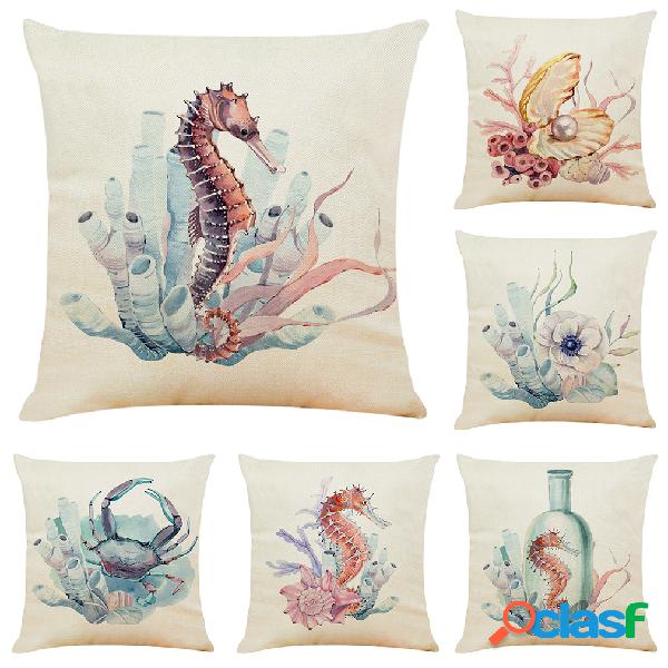 Criaturas Subaquáticas Aquarela Seahorse Linen Capa de