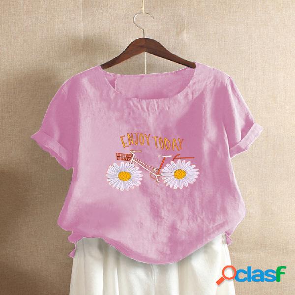 Daisy Flower Printed Letters T-shirt de manga curta com gola