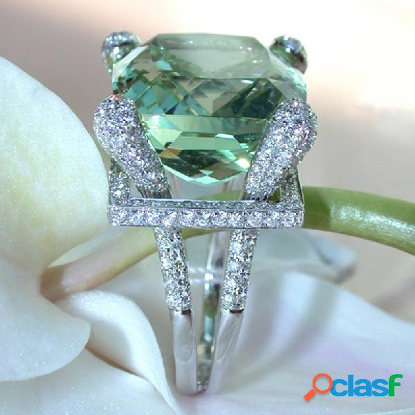 Elegante Verde Gem Zircon Anel de Casamento Cor Prata