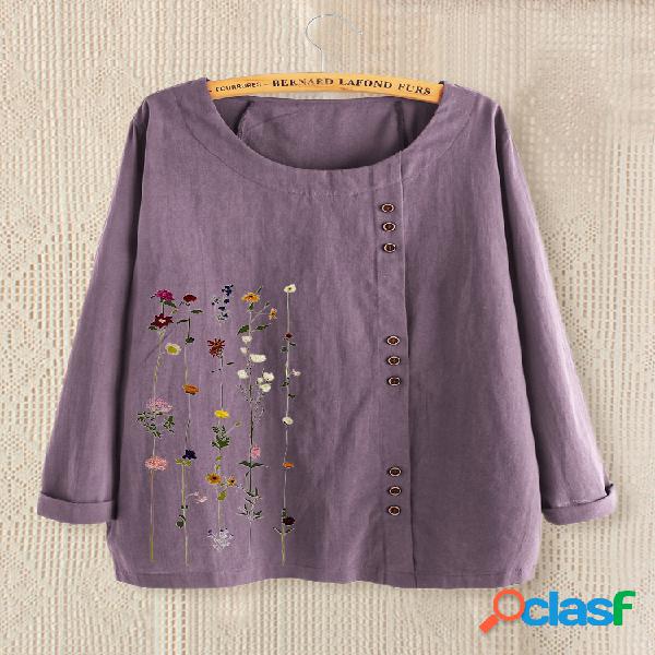 Floral Impresso O-Neck Button Blusa de manga comprida para