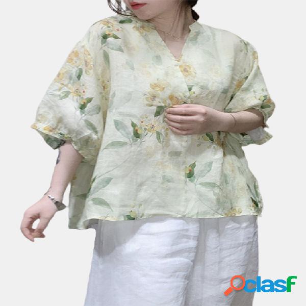 Floral Impresso V-neck Overhead Half Sleeve Casual Camisa