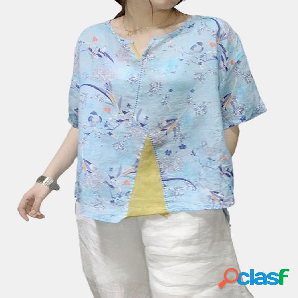 Floral impresso patchwork decote em v meia manga Camisa para
