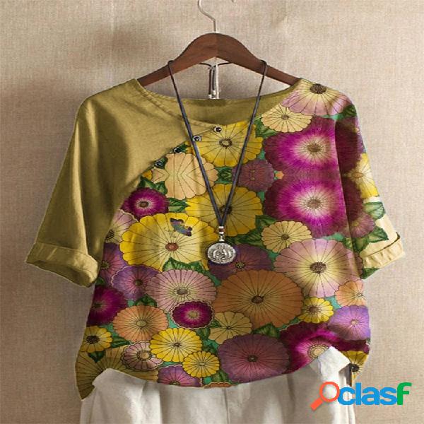 Flores Imprimir Botão Design Manga Curta Plus Blusa Tamanho