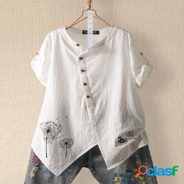 Flower Print 100% Cotton Camisa Blusa de bainha irregular de