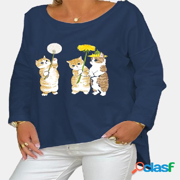 Gato dos desenhos animados impresso manga comprida blusa o