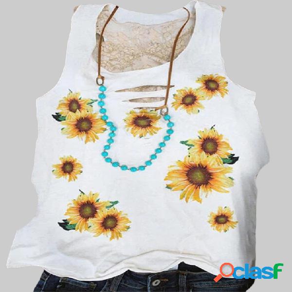 Girassol Impresso O-Neck Tank Top Para Mulheres