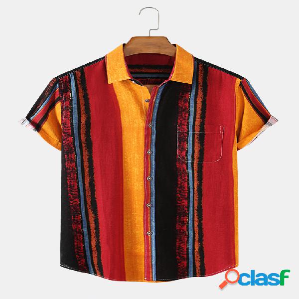 Homens Algodão Vintage Color Striped Casual Camisa