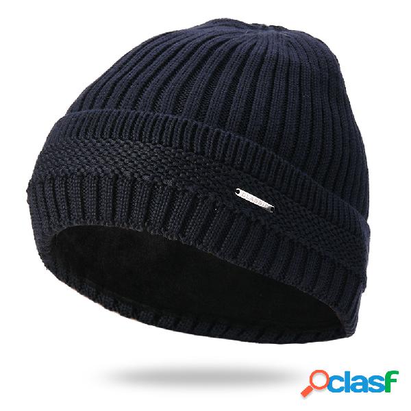 Homens Cor Sólida Malha Plus Veludo Moda Beanie Chapéu