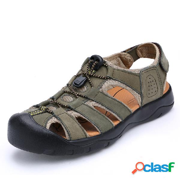 Homens Fechados Toe Oco Hool Loop Sandálias De Couro Ao Ar