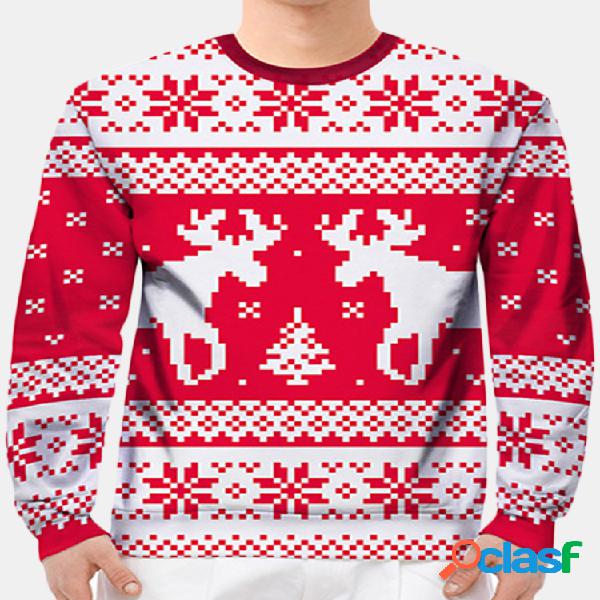 Homens Natal Red Deer Impresso Manga Longa Camisola Casual