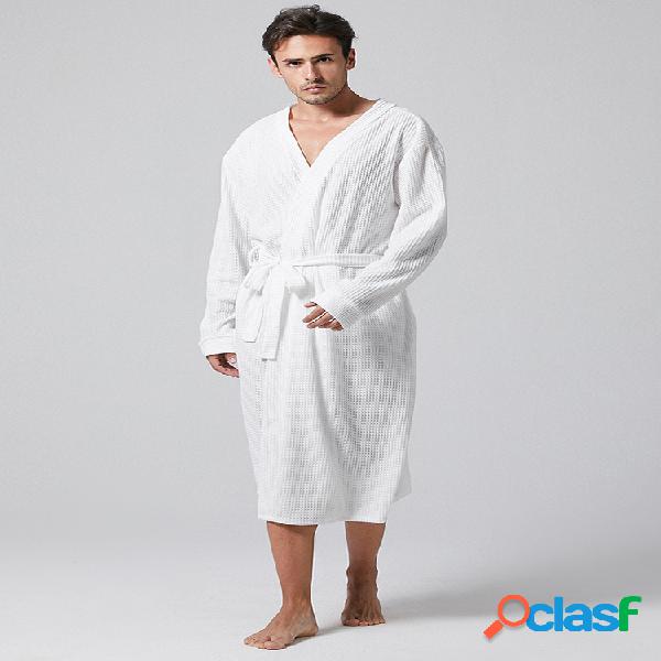 Homens Plain Pijama Waffle Robe Loose Thin Loungewear de cor