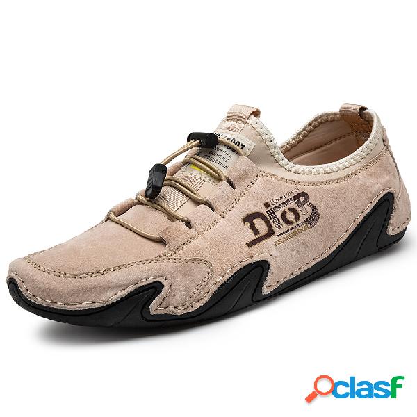 Homens Rodada Toe Elastic Lace Up Soft Mocassins de couro de