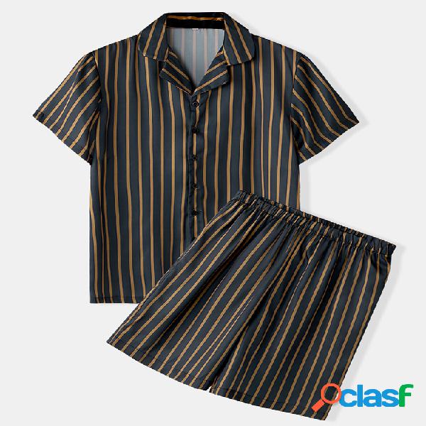Homens Stripe Print Faux Silk Pijamas Set Two Pieces Fino