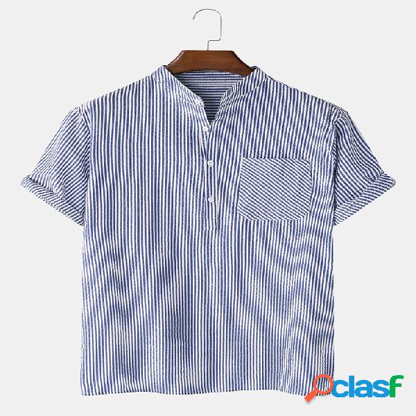 Homens algodão bolha pit listrado peito bolso gola camisa