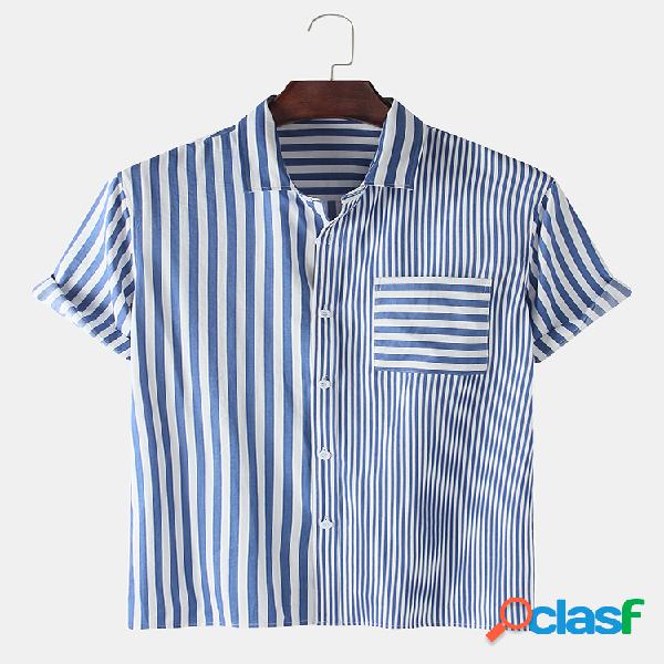 Homens algodão listrado painel casual Camisa