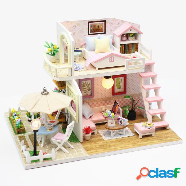 Hoomeda M033 Pink Loft DIY House Com Mobiliário Music Light