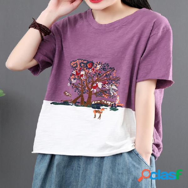Impresso O-Neck Patchwork manga curta Casual T-shirt