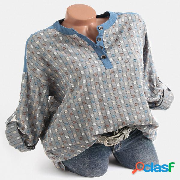 Imprimir Patchwork Irregular manga comprida Plus Blusa