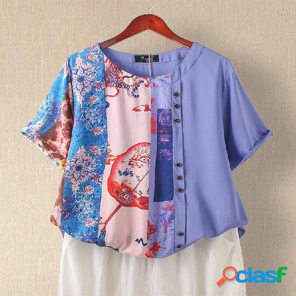 Imprimir Patchwork O-pescoço Plus Tamanho camiseta